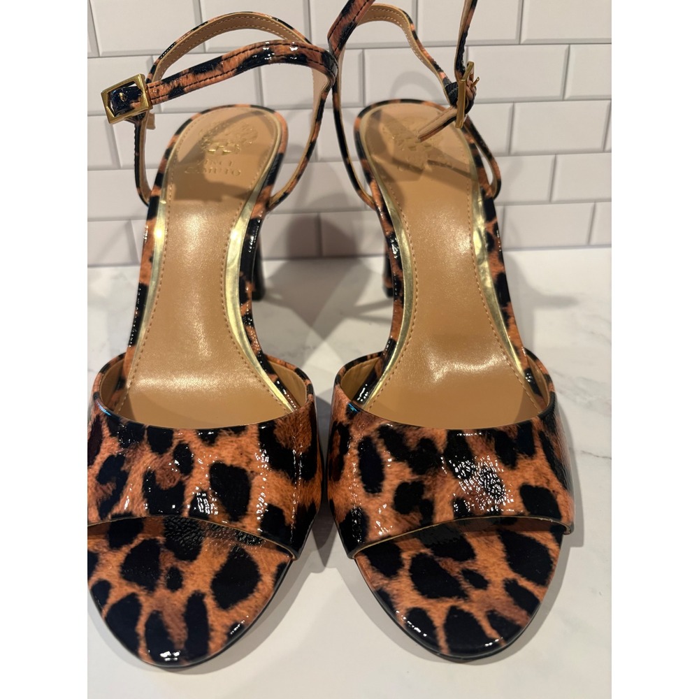 Vince Camuto Leopard Print Patent Ankle Strap Heels Gold Accent Size 9.5M